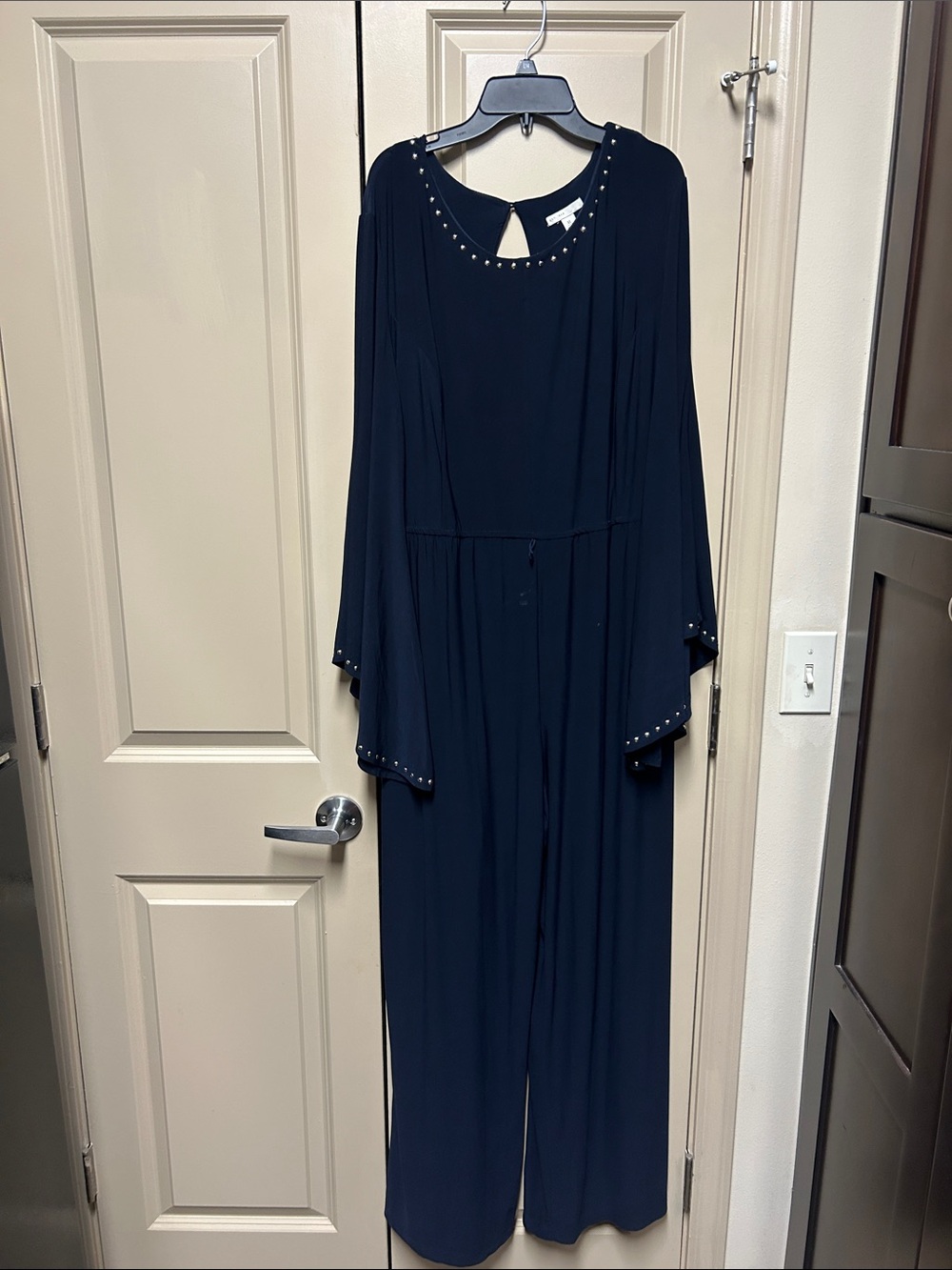 Stud-Trim Black Long-Sleeve Jumpsuit by Unknown Brand
